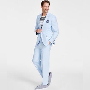 Nautica Mens Modern Fit Cotton Sky Blue Solid Stretch Jacket Pants 2 Piece Suit